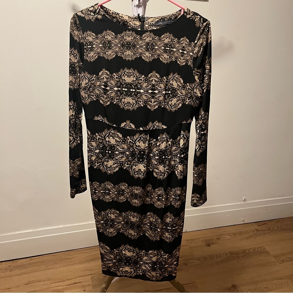 M&S Collection Black and Gold Floral Long Sleeve Dress size 8